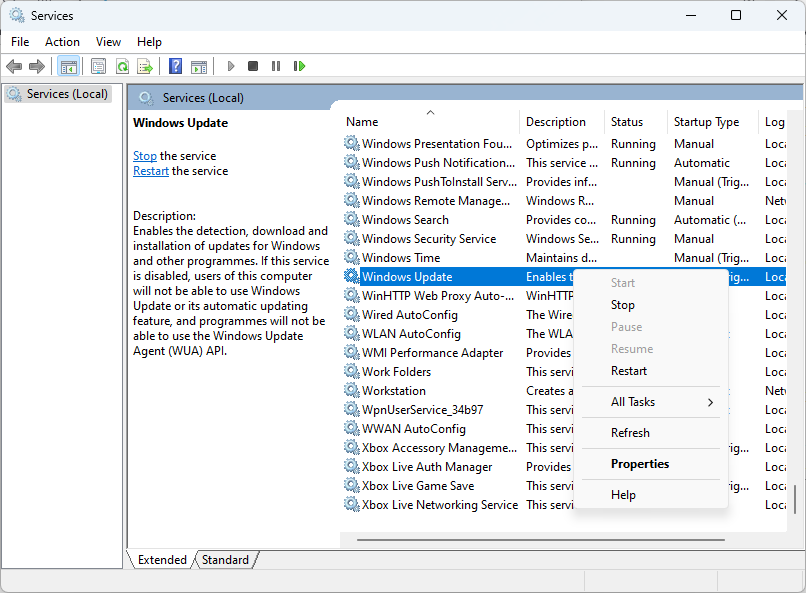 services windows showing wuauserv being selected